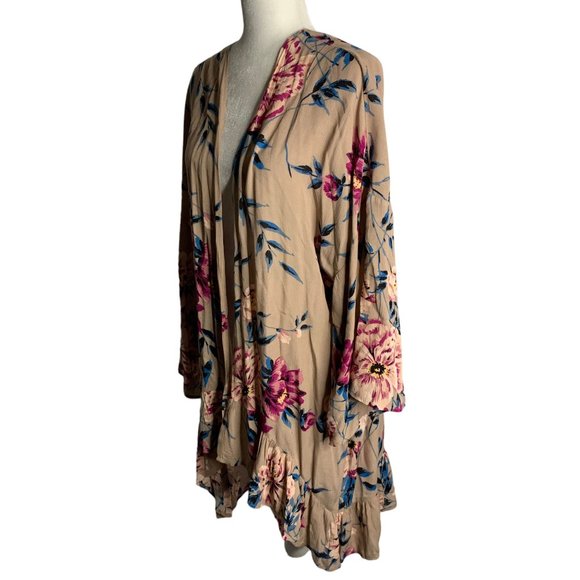 Charlotte Russe Open Front Kimono Top L Taupe Floral Ruffle Long Sleeves Rayon - Picture 4 of 7